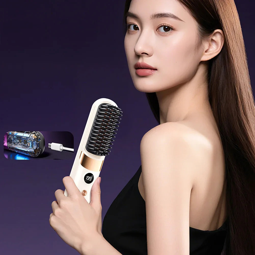 Cordless Ceramic Ionic Hair Straightening Brush — LED Display