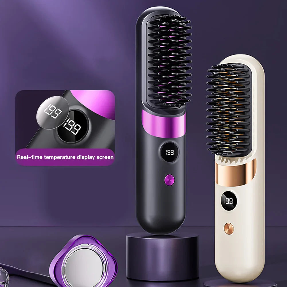 Cordless Ceramic Ionic Hair Straightening Brush — LED Display