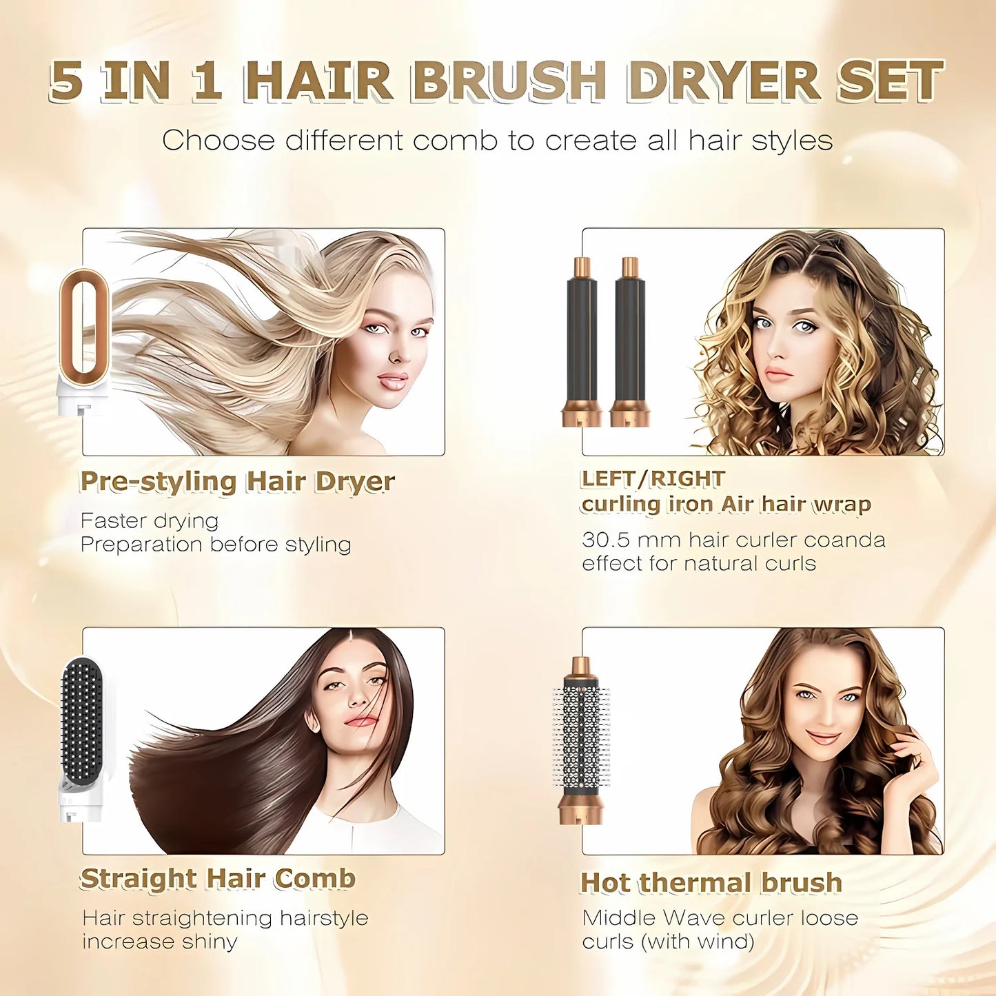 5-in-1 Styling Set With Curling Iron Hair Dryer Hot Air Comb Straightener Professional Hair Styling Tool Long-Lasting